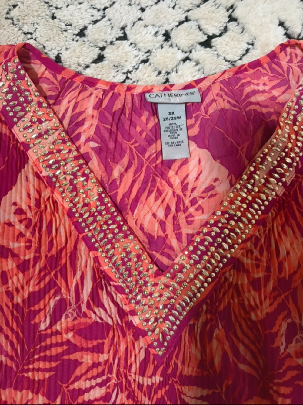 Catherines Pink & Orange V-Neck Embellished Swim Coverup